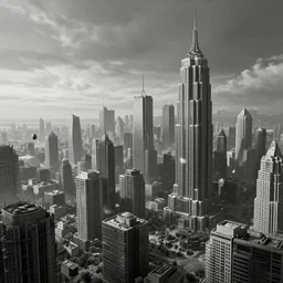 panoramic photo of dystopian city right before the bombs hit, matte painting, greyscale, 4 k, concept art