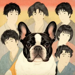 a half upper body portrait of a french bulldog by shin hanga and kawanabe kyosai and katsuhiro otomo. ukiyo - e shohei otomo and satoshi kon, and greg rutkowski weta studio and lucasfilm, woodblock print, coherent, behance, global illumination, golden ratio, flat colors, thick black outlined,