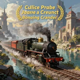 A steam locomotive rides along of a waterway on a fantasy city. Fantasy and concept art, colorful digital painting.