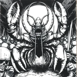 a scary lobster human ready to conquer the world with his army, extreme perspective, black and white ink on paper, hyper detailed, handmade
