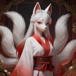 albino asian woman kitsune, hyper detailed, red highlights, masterpiece, ornate dark, suehiro moaruo, katsuhiro otomo, shintaro kago, cgsociety, octane render, ambient light