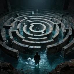 labyrinth half filled with water, dynamic, scary, detailed, cinematic, dramatic lighting, by laszlo moholy - nagy