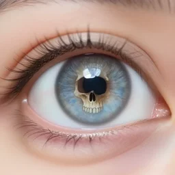 eye with a skull inside the pupil, ring light photography, extreme closeup
