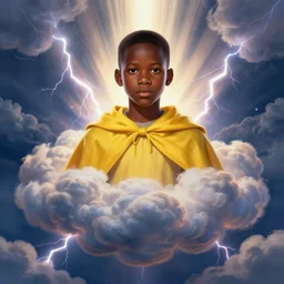 upper half portrait of an african boy wearing a yellow cape - inside a group of clouds - surrounded by bolts of lightning with rays of light emanating from clouds - in drew struzan movie poster style, art by drew struzan & hsiao - ron cheng, highly detailed, digital painting, ray tracing, illustration, smooth, sharp focus, intricate, symmetry, artstation,
