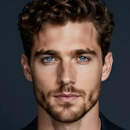 a photo of a handsome white man. oval shaped face, blue eyes, brown stubble, dark brown curly hair, shaved sides
