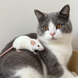 a gray and white cat and white mouse are on top of each other, ultra detailed, photo realistic