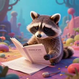 raccoon is reading the notes of an ambiguous project about the meaning of life, character sheet, colorful, contrast, 3 d scene, greg rutkowski, zabrocki, karlkka, jayison devadas, trending on artstation, 8 k, ultra wide angle, zenith view, pincushion lens effect