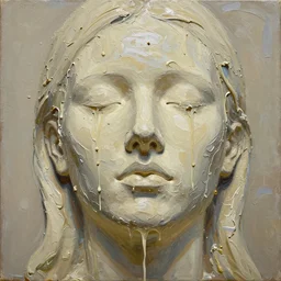 looking up at a gigantic three - dimensional thick impasto oil painting in the shape of an eyeless blind woman's head, with no eyes, lots of thick encrusted paint, wet paint is oozing down over the face like wax on a candle, lots and lots of wax - like lines of dripping oil paint cover nearly everything, no skin or hair, or frame visible, lit