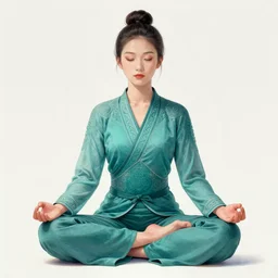 girl, asian, meditating in lotus position, teal suit, intricate, elegant, highly detailed, artstation, sharp focus, illustration, ruan jia, mandy jurgens, rutkowski, mucha