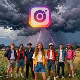anamorphic photograph of Instagram influencers in front of sever weather storms, detailed ambient lighting, hyper realistic, vibrant colors, cinematic, Pop art style, digital art painting by Alexandros Pyromallis, cinematic, 35mm grain filter, artstation