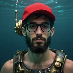 underwater steampunk biopunk portrait of a ducktail bearded young middle eastern american male wearing black wayfarer glasses and red baseball cap, au naturel, hyper detailed, digital art, trending in artstation, cinematic lighting, studio quality, smooth render, unreal engine 5 rendered, octane rendered, art style by klimt and nixeu and ian sprigger and wlop and krenz cushart.