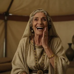 dramatic film still of 80 year old Mediterranean skinned woman in ancient Canaanite clothing laughing, embarrassed, surprised, ancient interior tent background, Biblical epic directed by Alfred Hitchcock