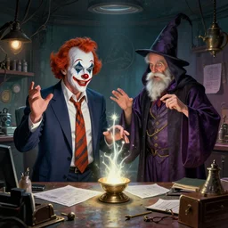 arnold schwarzenegger as a clown with rick moranis as sorcerer, office suit and tie, mixing spells in a rundown magic lab, by greg rutkowski and frank frazetta, intricate, artstation, cinematic, style of magic : the gathering