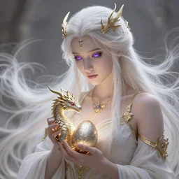 a valyrian princess clutching dragon eggs, violet eyes and platinum hair, divine, hazy, volumetric lighting, spacetime bending, very detailed, serene, gold accents, washed out colors, beautiful artwork, master level composition, raytracing