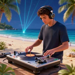 a dj with headphones working the turntable on a tropical beach, pizza for records on the turntable, laser show, night sky, 3 d render, extremely high resolution, octane render, trending on artstation
