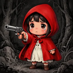 cute Little red riding hood stands there crying, tear rolling down cheek, pointing the barrel of a gun the the camera, detailed intricate ink illustration, dark atmosphere, detailed illustration, hd, 4k, digital art, overdetailed art, concept art, by greg rutkowski, by loish, complementing colors, Trending on artstation, deviantart