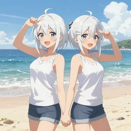 An illustration of two tank top-clad girls as ToLoveRu, white hair, playing at beach, back to back, digital painting, concept art, highly detailed, sharp focus, sunny, art by Yabuki Kentarou, trending on Pixiv.