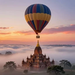a stunning ultra detailed fantasy national geographic photo of a hot air balloon directly above a burmese pagoda, cloud layer, by gediminas pranckevicius and tomasz alen kopera, fog layer, sunset sky, artstation, 8 k, deep depth of field, golden hour hues, vibrant colors, hyper realistic