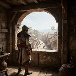 dry delicious view from standing inside the interior dingy wooden fort tower looking out at the bustling medieval town streets below atmospheric unreal engine hyperreallistic render 8 k concept art masterpiece screenshot from the video game assassin's creed odyssey 2 7 0 0 k global illumination