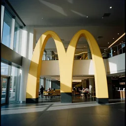 The interior of a McDonalds designed by Zaha Hadid, 35mm film, long shot