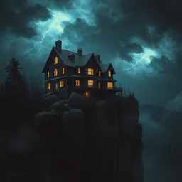 in the style of charlie bowater, dean cornwell : : stunning, spooky haunted house on a cliff : : lighting, clouds, storm : : night time, cinematic lighting : :