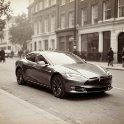 a 1900's photograph of tesla model s plaid on streets of london, 1900's, old photograph