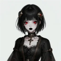 cute japanese steampunk vampire girl, pale skin, short black hair, red eyes, black lipstick, old robe, digital illustration by rossdraws, frank franzzeta