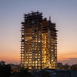unfinished building by cesar pelli, biopunk uv light at dawn nature sunset, archdaily, wallpaper, highly detailed, trending on artstation.