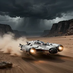 a fast space ship racing through a black!!! desert, storm clouds and deep cliffs in the background, dust cloud trailing, action shot, soft natural lighting, natural colors, star citizen sci - fi vehicle, bright turbines, motion blur, by sid mead and simon stalenhag and james gurney, intricate detail, octane render, unreal engine