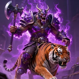 enraged orc king in spiky armor with a purple fiery aura aura aura aura aura aura aura aura aura aura aura aura aura aura, wearing a dragon mask, holding a poisonous axe, riding riding riding riding riding riding riding riding riding riding a tiger tiger tiger tiger, trending on artstation, sharp focus, highly detailed, digital fantasy art