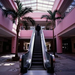 1980s magazine photo of an individual escalator in an abandoned mall with pink walls, with interior potted palm trees, decaying dappled sunlight through a sunroof, cool purple lighting, dark hallways, high contrast