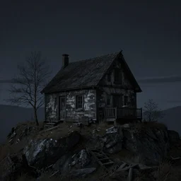 A dark decrepit cottage on a mountaintop at night, by Bastien LeCouffe-Deharme, hyperrealistic, V-Ray 8k UHD