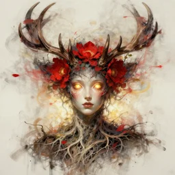 character concept portrait, head - on centralized, spirit with antlers, red flowers, glowing golden eyes. dress made of roots. detailed, abstract high quality, dynamic lighting, evocative, fantasy. artwork by artgerm, wlop, alex ross, greg rutknowski, alphonse mucha