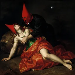trials of the scarlet woman by caravaggio adolf wolfli jan van eyck william blake, hardship, prone woman, torturer, agony, sky with stars, black void, ecstatic visions, conical red hood, red gold emerald