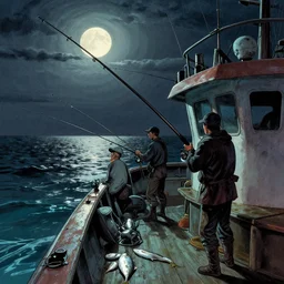 fishermen catching fish with rods in their ship at sea, fishing boat, Greg Rutkowski, Bernie Wrightson,, dramatic lighting, full moon