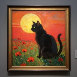a masterpiece painting by mucha exposed at the louvre : black cat taking the sun in a poppy field with a red sunset in the background