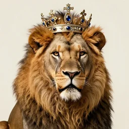 powerful lion, with handsome mane, wearing an royal ornate jewelled crown, aaron blaise, matte painting
