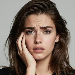 Photo of a confused 20yo woman in the style of Mario Testino, detailed, 82 mm sigma art