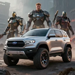 an offroad concept suv designed by ram and ford, avengers, artstation, an epic fantasy, cinematic lighting, hyper realistic, photographic, sharp focus, by greg rutkowski and wolp