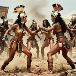 movie, ancient Battlefield, beautiful brutal  aztec and Amazonian  females fight, epic, vintage, blood, slight inspiration of Boris vallejo and  apocalypto