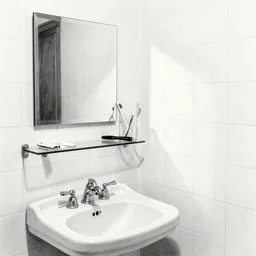ultrarealistic very detailed pencil drawing by Isabel Quintanilla of a white tiled bathroom wall with a small mirror above a white ceramic lavabo, and a glass shelf with a glass with a toothbrush and some shaving equipment in Madrid, 1984