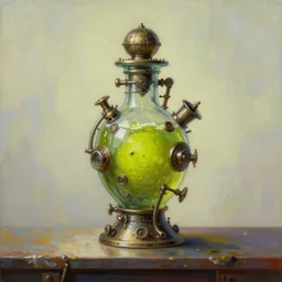 a painting of a complex detailed steampunk mechanical lime colored poisonous potion bottle centred on a counter, by h. r. giger, hyperrealistic fantasy art, concept matte, ethereal, dreamy, digital art, trending on artstation, volumetric cinematic lighting