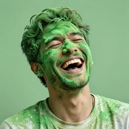 man covered in green powder laughing hysterically, hyper detailed, award winning photograph, 8k image
