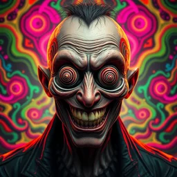 insane man with spiral eyes, grinning, with crazy psychedelic background, coherent detailed character design, weirdcore voidpunk digital art cgsociety, trending on deviantart, like art, intricate details, ultra 8 k, noise, 3 d render, volumetric lighting