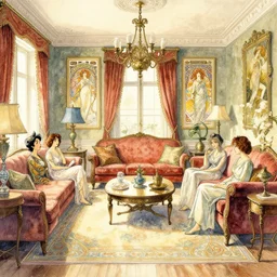 a beautiful intricate watercolor illustration of a living room, 4 k, ultra - wide angle, by william turner, by victo ngai, by alphonse mucha, by miho hirano, by moebius, by edmund dulac, hd, trending on artstation, hyper detailed, muted intense colors