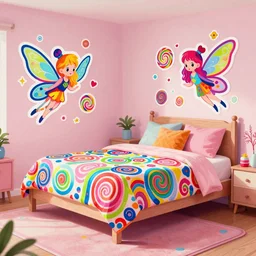 photo of bedroom : 2 whimsical fairy wonderland vibrant colors candyland wonderland : 4 gouache swirls detailed art by butcher billy, sticker, colorful, illustration, highly detailed, simple, smooth and clean vector curves, no jagged lines, vector art, smooth andy warhol style