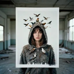 a woman wearing a hood made of birds, in an abandoned office building, by helen warner, canon eos c 3 0 0, ƒ 1. 8, 3 5 mm, 8 k, medium - format print
