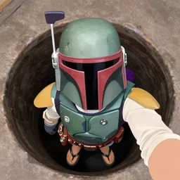 boba fett wearing flip flops with purple hair in a sewer, selfie, vintage