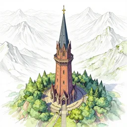 aerial view of wizard tower surrounded by mountains, lineart, colored