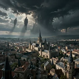 a hand made of shadows descending from a cosmic horror sky into a large medieval city, photorealistic movie still by michael komarck, greg rutkowski, victo ngai, artgerm, willem claesz heda and j. dickenson